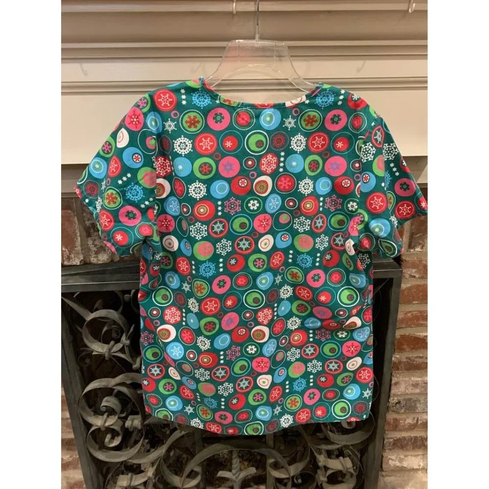 Christmas ornaments womens medium multi colored medical scrub top (bin CC) - Picture 2 of 4